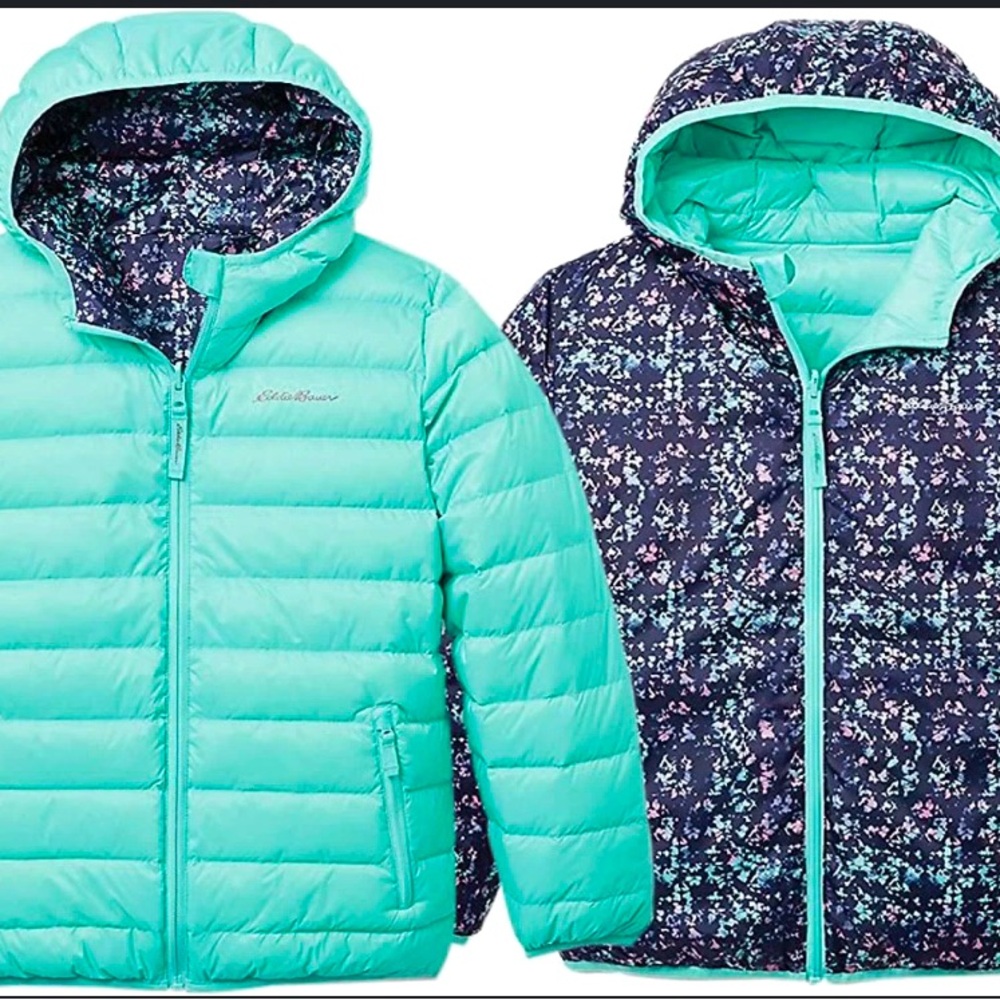 Eddie Bauer Reversible Teal and Navy Floral Puffer Jacket